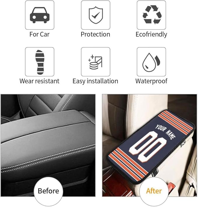 Custom Car Armrest Cover,Add Personalized Name and Number As Gifts for Loyal Football Fans,American Football Auto Center Console Pad Car handrail Box Cushion,Fit for Most Car Seat Box Cover Protector