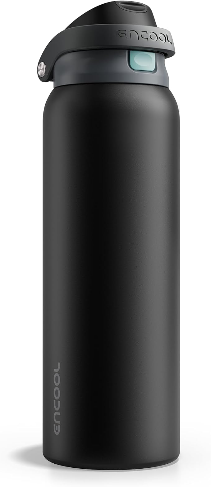 ENCOOL Leakproof Insulated Water Bottle with Straw Dual-Sip Water Bottle Bag-Safe Design for Work, Commute & Gym – Keeps Drinks Cold All Day, 40 oz, Charcoal Gray