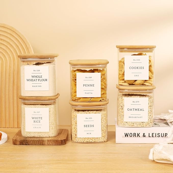 6 Pack Square Glass Pantry Storage Containers with 132 Kitchen Food Pantry Labels - 24 floz Clear Glass Pantry Jars with Airtight Wood Bamboo Lids - Glass Canisters for Sugar, Cereal, Coffee, Spice