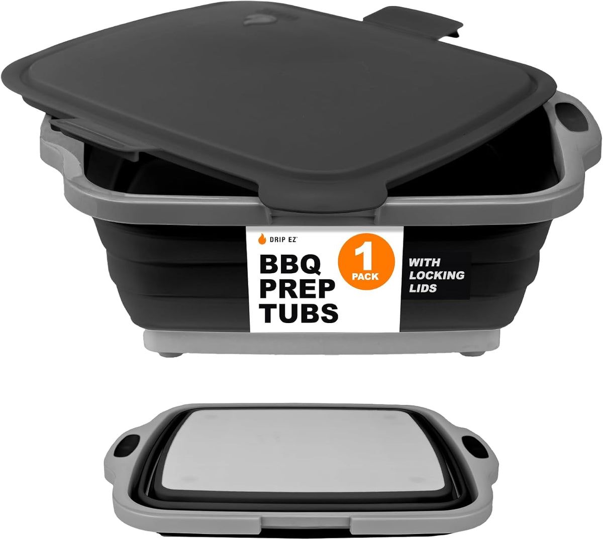 Drip EZ Collapsible BBQ Prep Tub - for Meal Prep Marinating Food Storage - Includes Cutting Board & Locking Lid - (1) XL - Black