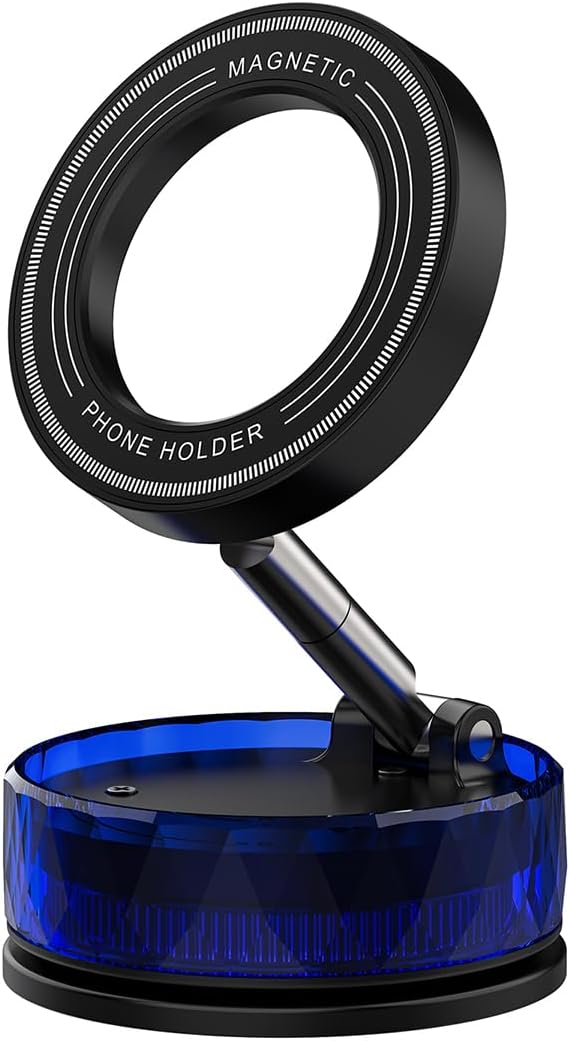 Vacuum Magnetic Phone Holder, Car Phone Mount for iPhone with Magsafe [Suction Cup/Strong Magnet/360°Adjustment/Foldable Arm] Cell Phones Holders for Car Accessories (Blue)