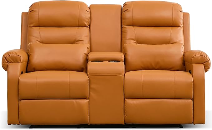 DRMBOOK RV Loveseat Recliner Sofa with Console, Faux Leather Double Wall Hugger Reclining Couch Manual Movie Seating 2 Person Recliner Chair with Cup Holders/Storage/Pocket/Lumbar Pillow, Orange