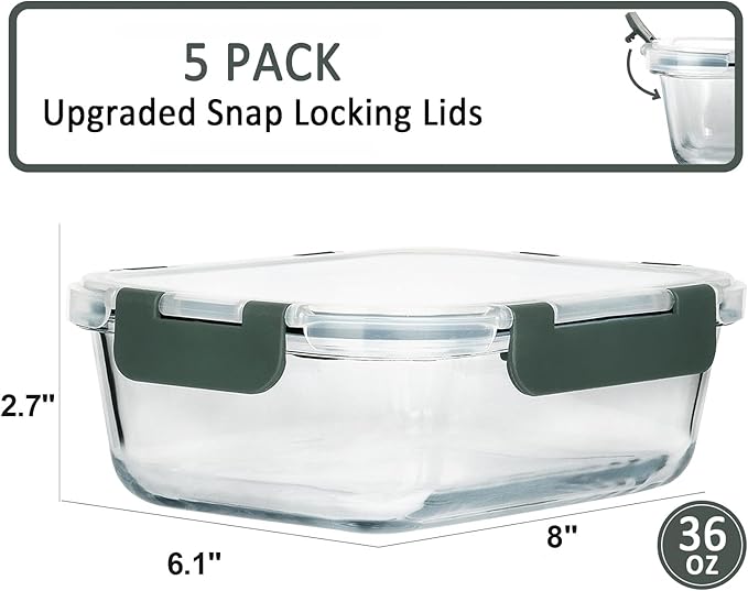 M MCIRCO [5-Packs, 36 Oz Glass Meal Prep Containers with Snap Locking Lids Glass Food Containers,Airtight Lunch Container,Microwave, Oven, Freezer and Dishwasher (4.5 Cup)