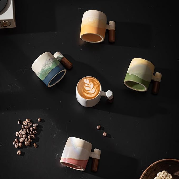 2-Oz Ceramic Espresso Cups with Wood Handle, 2/4-Piece Set for Coffee, Tea, Latte - Dishwasher Safe, Multi-Color & Wood Styles, Gift & Café Use (Kiln turning green, Wooden Handle4)