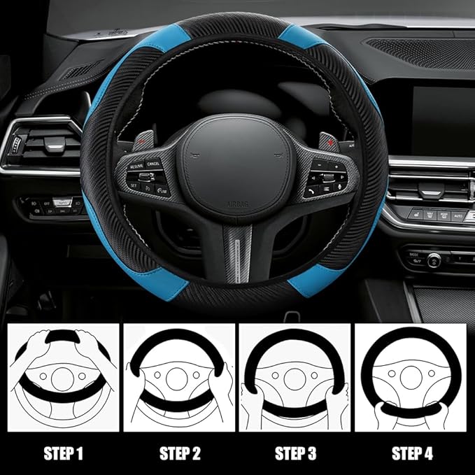 Car Steering Wheel Cover, Steering Wheel Cover Protector, 15 Inch Carbon Fiber Microfiber Leather Elastic Steering Wheel Protector, Car Steering Wheel Accessories for Vehicles (Black Blue)