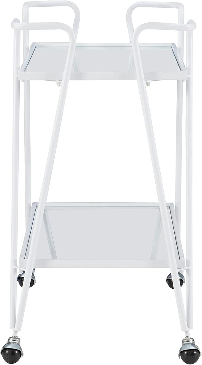 Gina White Mid-Century Bar Cart with Mirrored Shelves and Locking Wheels by Linon