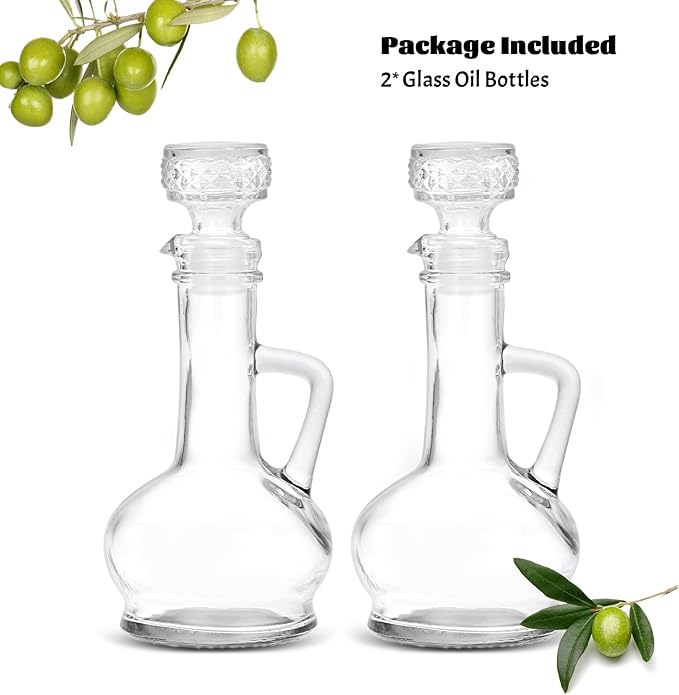 BSTKEY Set of 2 Olive Oil Dispenser Bottle with Stopper, Elegant Style Glass Cruet Bottles for Kitchen, 250ml Oil Dispenser Spout Container for Syrup Olive Vinegar