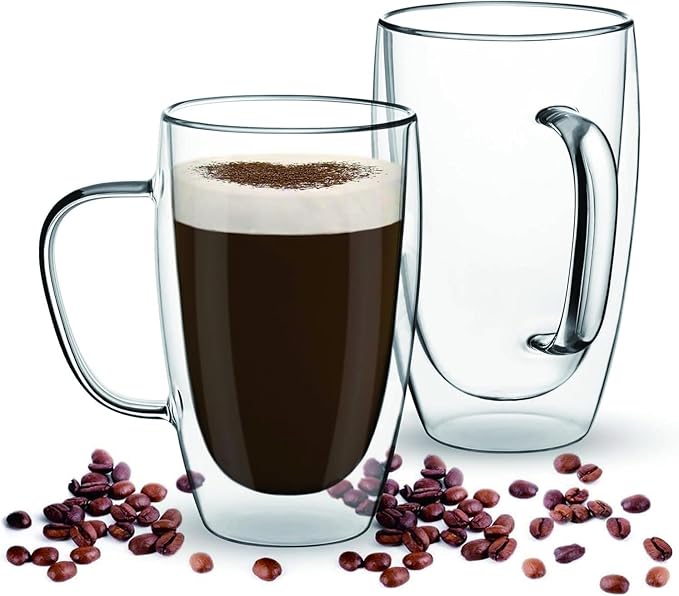Espresso Cups Set Of 2, Double Walled Glass Coffee Mugs with Handle,Insulated Layer Coffee Cups,Clear Borosilicate Glass Mugs,Perfect for Cappuccino,Tea,Latte,Espresso (15oz-4Pack)