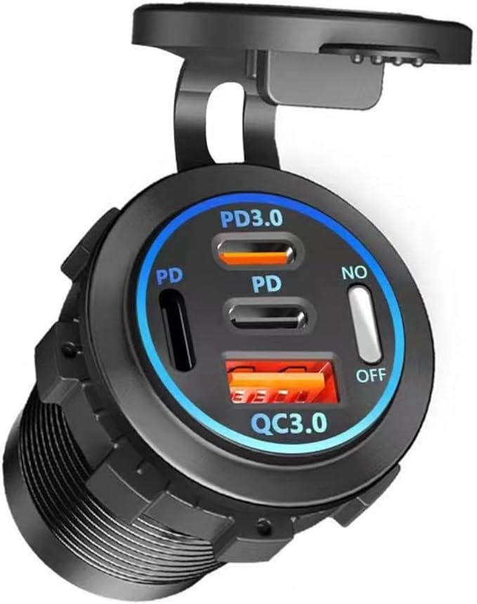 12V USB Outlet Charger PD 30W & QC 22.5W: 67.5W 4 Port USB Socket Car Charger with LED Light Power Switch for Car Boat Marine Motorcycle RV ATV - Fast Charging Type C Cigarette Lighter for iPhone17 16
