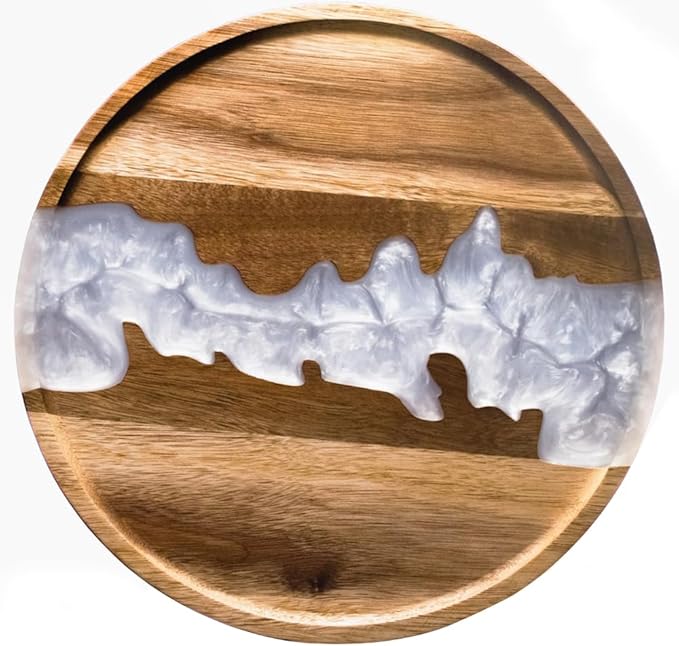 Comfify Visually Stunning Pearl White Resin + Acacia Wood Serving Tray - Modern Round 12" Serving Tray for Food, Breakfast in Bed, Coffee Table, Decor, Organization, Snacks, Patio, Lap Tray