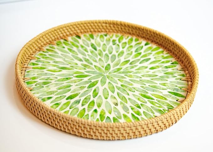 Magenta & Teal Round Rattan Serving Tray with Mother of Pearl Inlay, Wicker Coffee Table Decor, Farmhouse Style (Green Petals)
