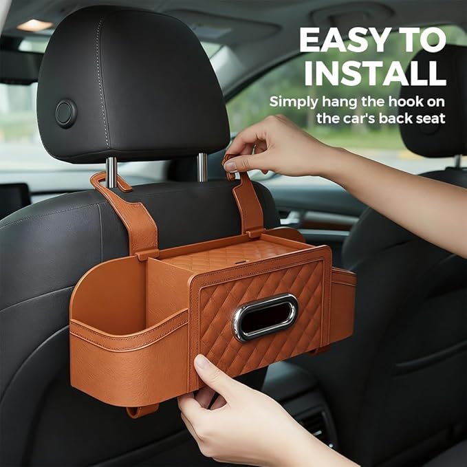 3-in-1 Car Backseat Organizer with Cup Holder Tissue Box and Hooks, Multifunctional Car Seat Back Storage Box, Car Headrest Backseat Organizer for Travel SUV Sedan Truck Car Accessories (Orange)