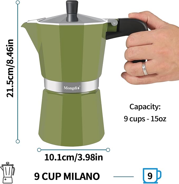 Mongdio Stovetop Espresso Maker Moka Pot, Stove Top Cuban Coffee Maker, Italian Greca Mocha Pot, 9 Espresso Cups, 15 oz - Green