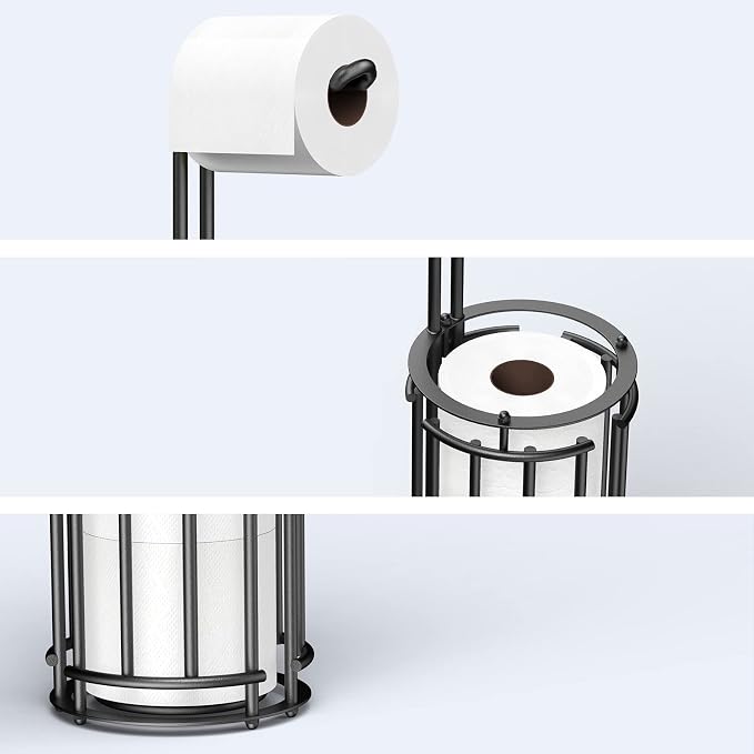Meangood Toilet Paper Holder Stand and Tissue Paper Roll Dispenser for 4 Mega Rolls, Bathroom Free Standing Tissue Roll Storage Holder Rack, Detachable (Matte Black)