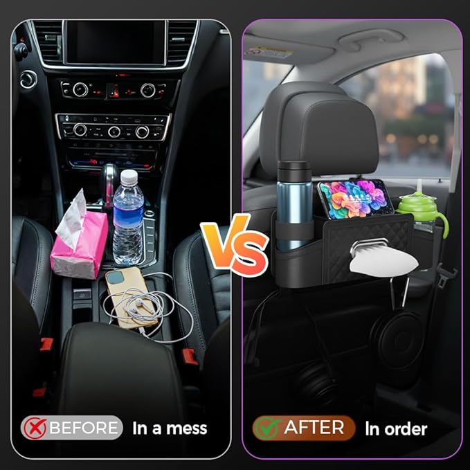 3-in-1 Car Backseat Organizer with Cup Holder Tissue Box and Hooks, Multifunctional Car Seat Back Storage Box, Car Organizers and Storage Box for Travel SUV Sedan Truck Car Accessories (Black)