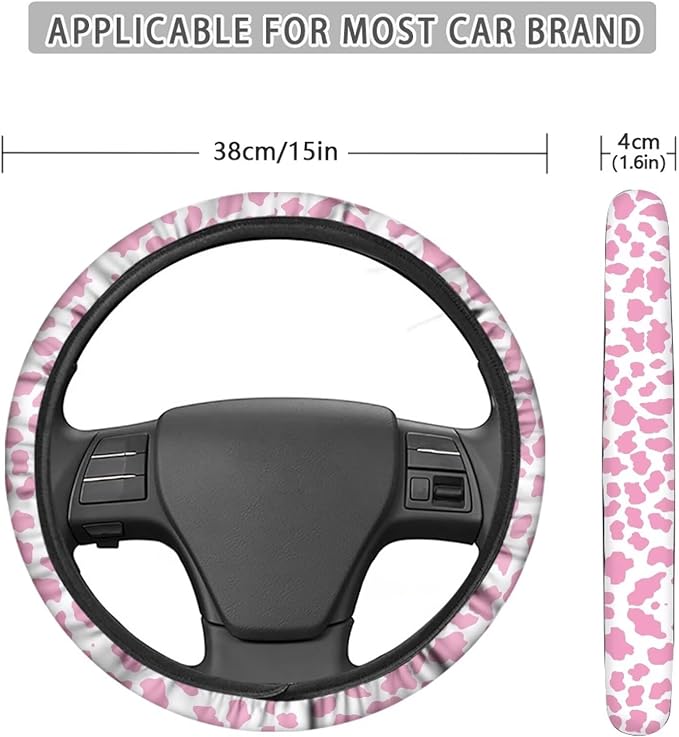 Universal Non-Slip Steering Wheel Cover, 15-inch Polyester Material Driving Accessories, Adjustable for Car and Truck(Pink White Cow Print)