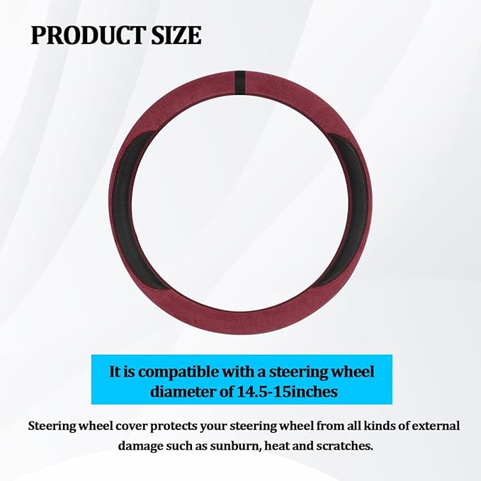 HZEL Car Steering Wheel Cover, Non-Slip Suede Leather Breathable Vehicle Steering Wheel Protector with Inner Ring, Automotive Interior Protective Accessories, Universal Fit (Red)