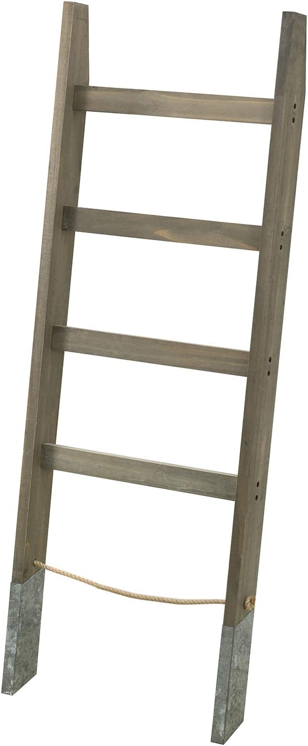 MyGift 55'' Wood Wall Leaning Blanket Ladder with 4 Rung, Farmhouse Living Room and Bathroom Towel Rack with Decorative Rustic Galvanized Silver Metal Legs and Rope