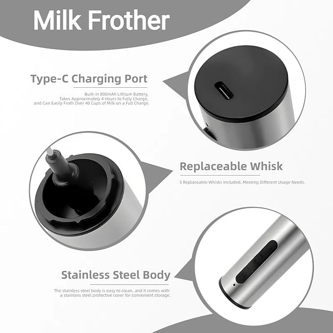 Rechargeable Milk Frother Hanheld, 5 - Function Whisk Electric Coffee Frother, Portable Handheld Frother Wand Drink Mixer for Matcha Lattes, Cappuccino, Kitchen Gift, Stainless Steel Silver
