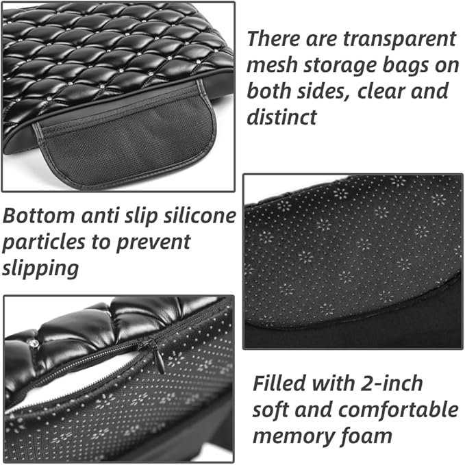 Memory Foam Car Armrest Cushion, Luxury Auto Center Console Arm Rest Cover for Car Bling Accessories Interior Center Consoles Organizers and Storage Box Handrest Pad Diamond Universal, Black