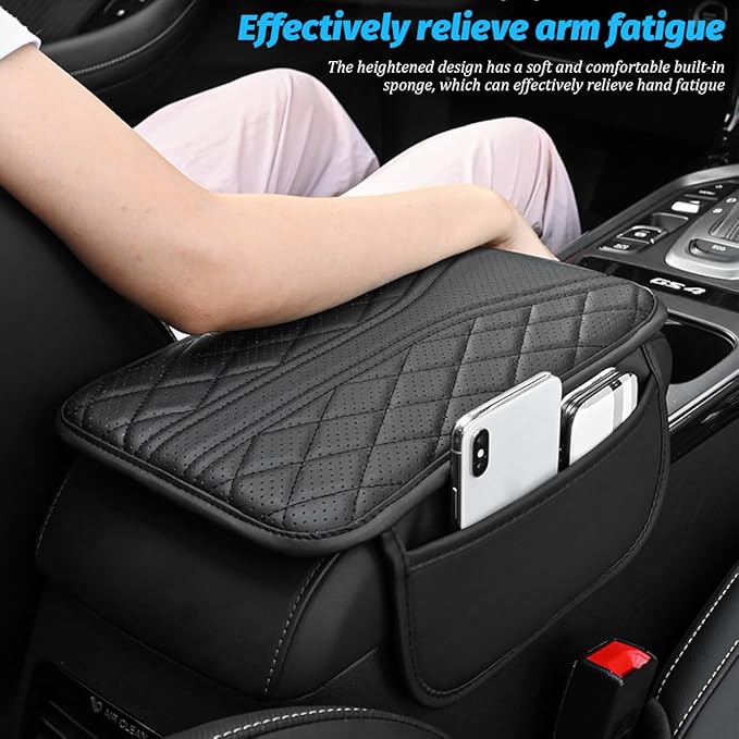 Car Center Console Cover, Leather Vehicle Armrest Box Pad with 2 Storage Bags, Automotive Interior Arm Rest Cushion Protector Accessories, Universal for SUV Sedan Truck (Brown)