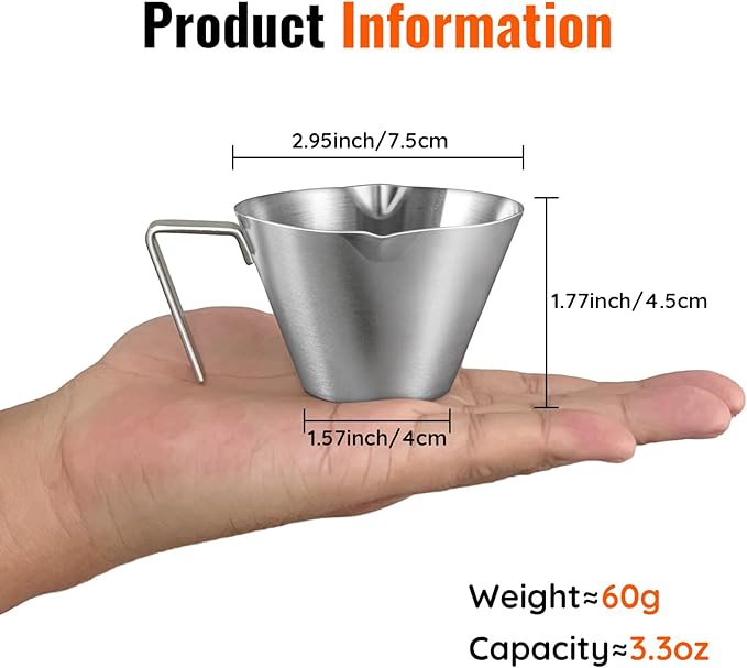 YARRAMATE 4 Pcs Stainless Steel Espresso Cups with Handle, Double Spout Metal Measuring Cup with Dual Scale, Espresso Shot cup with V-Shaped Mouth, 3.4OZ/100ML(Silver)