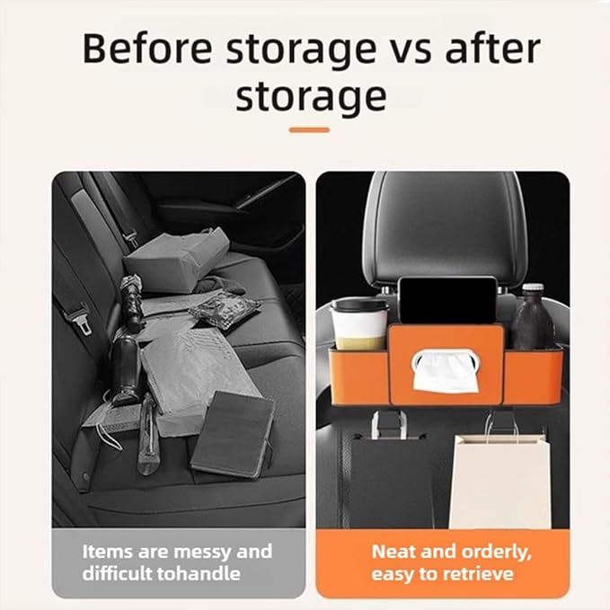 Car Organizer Back Seat, 2026 New 3 In 1 Car Backseat Organizer with Drink Cup Holder Tissue Box, Multifunctional Car Seat Back Storage Box for Hold Phone,Snacks, Drinks, Handbag (Brown)