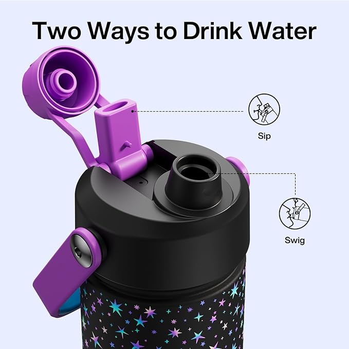 ENCOOL Insulated Water Bottle with Straw Stainless Steel Water Bottle, Glow in the Dark, Leak-Proof, BPA-Free, Keeps Cold for 24 Hours for Sports, Travel, School (26 oz, Neon Starlight)