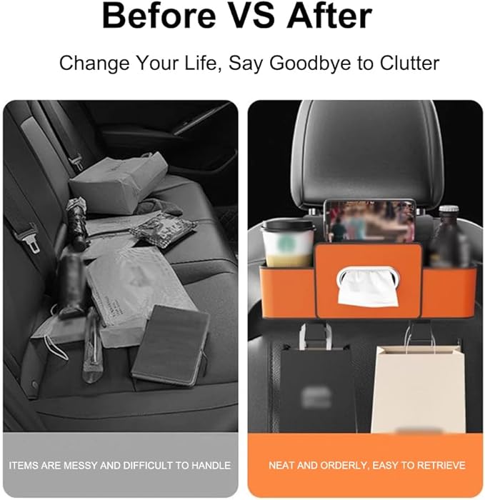 Multifunctional Car Organizers and Storage Back Seat, 3-in-1 Car Backseat Organizer, Car Seat Organizer Backseat, with Tissue, Phone, Cup, Handbag Holder (Orange)