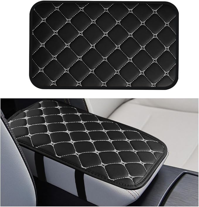 Car Center Console Cushion Pad, Comfortable PU Leather Vehicle Armrest Seat Box Cover, Waterproof Automotive Interior Arm Rest Protector Accessories, Universal Fit (Black/Gray)