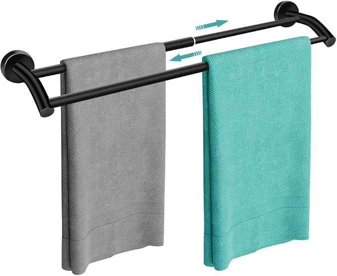 MGahyi Adjustable Double Towel Bar 14.5-24.8Inch, Matte Telescopic Stainless Steel Wall Mount Towel Holder, Rustproof Towel Rack for Bathroom Kitchen RV Laundry Hotel (Black, Double-Bar)
