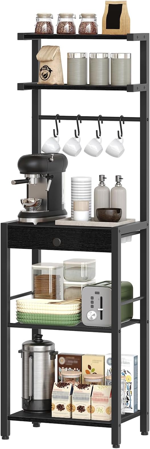 Bakers Rack, 5-Tier Coffee Bar Station, Coffee Stand with Pod Drawer Holder, Versatile Kitchen Storage Rack with 4 Hooks, for Living Room, Cafe Corner, Black KF01BB