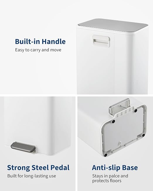 4.8 Gallon/18 Liter Trash Can, Stainless Steel Step Garbage Can with Quiet Soft-Close Lid, Foot Pedal & Removable Inner Bucket, Rectangular Trash Bin for for Small Kitchen Home Garage Office, White