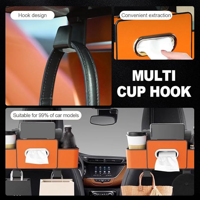 Cars Seat Back Bag, 2025 Upgrade Car Rear Backseat Extra Multifunctional Car Seat Back Storage Box, Multifunctional Car Seat Tissue Organizer with 2 Drink Cup Holder 2 Hooks (Brown)