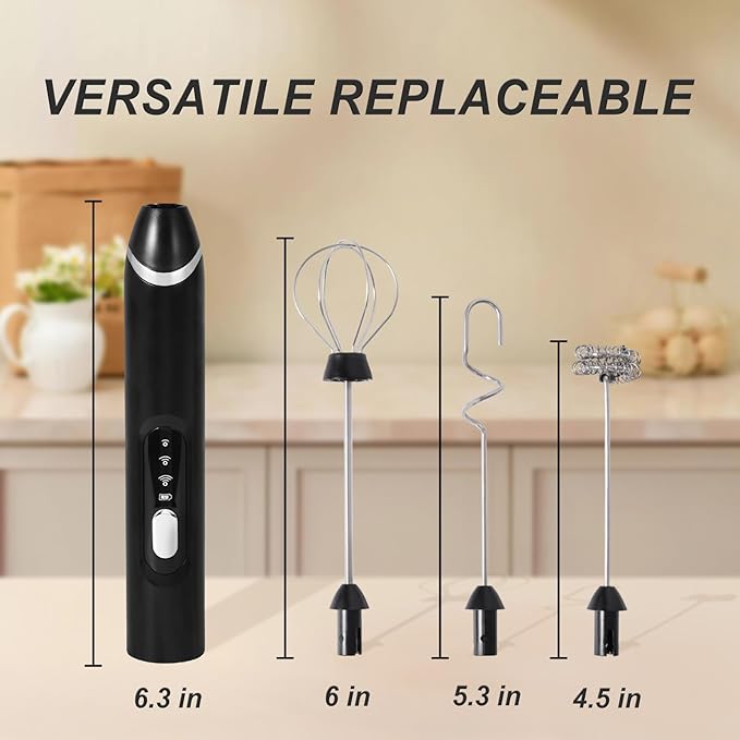Handheld Milk Frother Wand for Coffee，Rechargeable Drink Mixer, 30dB Ultra Quiet with 3 Adjustable Speeds & 3 Whisks For Cappuccino, Hot Chocolate, Egg，Protein powder