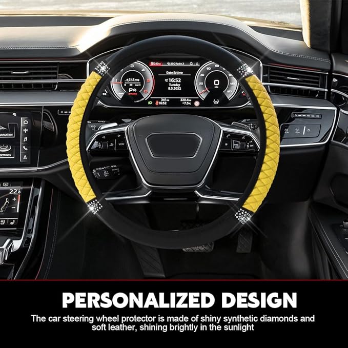 Car Steering Wheel Cover, Steering Wheel Accessories, Breathable Microfiber Leather Auto Wheels Protector, Universal 15 Inch Anti-Slip Protector for SUV Sedan Truck (Bling-Yellow)
