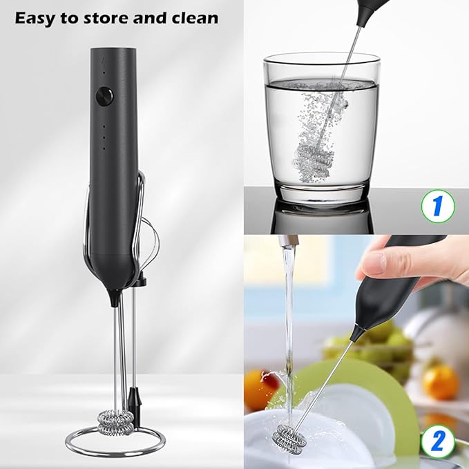 Rechargeable Milk Frother Wand with Stand-Electric Whisk 3 Speed Adjustable,Drink Mixer Handheld with 2 Stainless steel Stirrers,Hand Coffee Frother for Lattes Cappuccino Protein Powder Egg