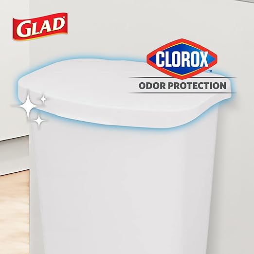 Glad 13 Gallon Trash Can with Clorox Odor Protection | Plastic Kitchen Waste Bin | Hands Free with Step On Foot Pedal and Garbage Bag Rings, White