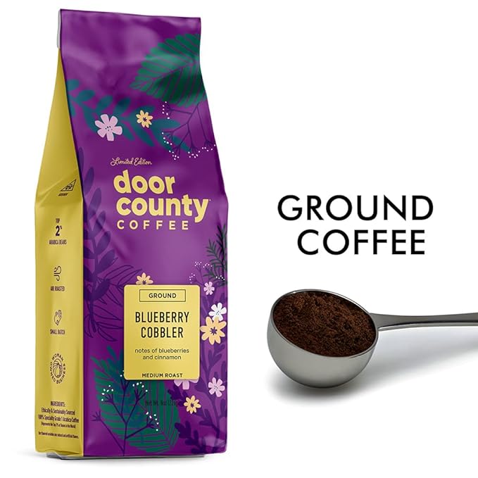 Door County Coffee Blueberry Cobbler, Flavored Ground - 8 oz Bag - Spring & Summer Seasonal - Medium Roast - 100% Specialty Arabica - Blueberry, Cinnamon Flavored