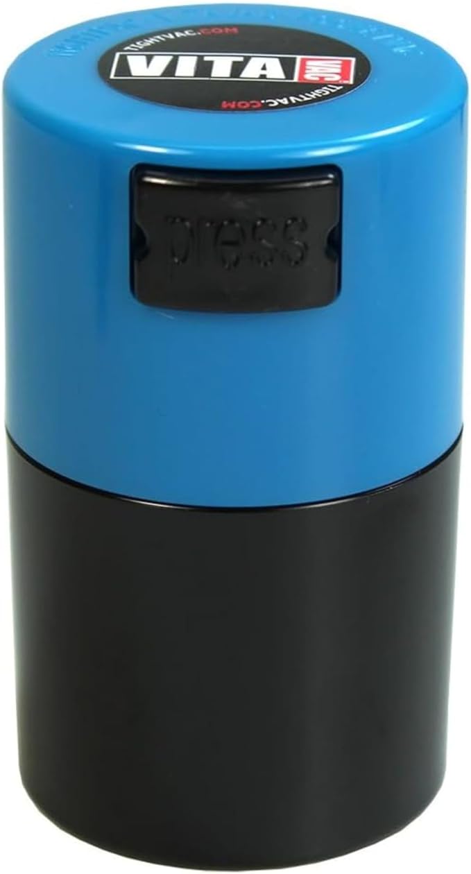 Vitavac - 5g to 20 grams Vacuum Sealed Container - Light Blue Cap & Black Body