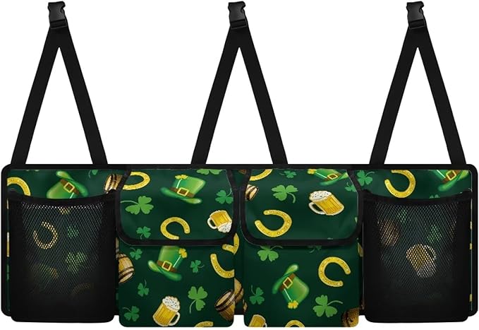St. Patrick Day Theme Hanging Car Trunk Organizer with Lid Suv Seat Back Storage Bag with Green Hat/Leaves/Beer/Horseshoe Pattern