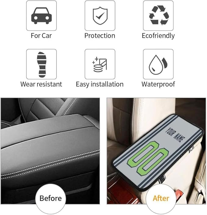 Custom Car Armrest Cover,Add Personalized Name and Number As Gifts for Loyal Football Fans,American Football Auto Center Console Pad Car handrail Box Cushion,Fit for Most Car Seat Box Cover Protector