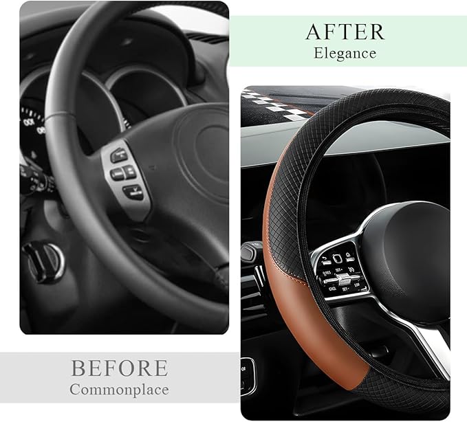 Elastic Steering Wheel Cover - Carbon Fiber Microfiber Leather Vehicle Steering Wheel Protector with Anti-Slip Lining - Black + Coffee, AD