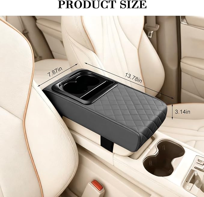 Car Center Console Armrest Pillow, Leather Vehicle Middle Console Protection Cushion with Cup & Phone Holder, Waterproof Automotive Arm Rest Box Cover, Universal Fit (Gray Rhombus)