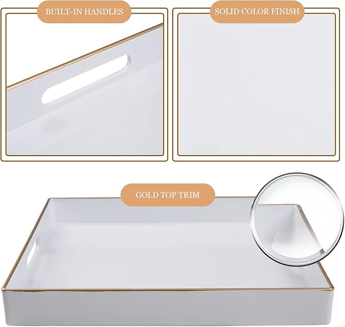 MAONAME 13" Decorative Tray, White Serving Tray with Handles, Coffee Table Trays, Square Plastic Trays for Ottoman, Bathroom, Kitchen