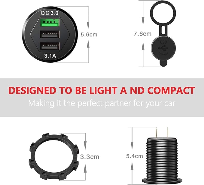 Quick Charge 3.0 Car Charger, Marine Grade 12V/24V 35W QC3.0/2.0 USB Socket, IP66 Waterproof 3-Port Fast Charging with Wire Fuse Aluminum for Car Boat Marine ATV RV Truck Golf Cart