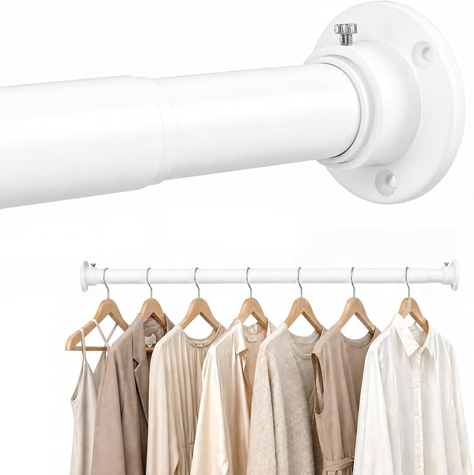 Closet Rod Adjustable 17 to 128 Inch, 1-1/4” Diameter, Closet Rods for Hanging Clothes, Stepless Metal Heavy Duty Hanging Rod for Closet Wardrobes Laundry RV (White)