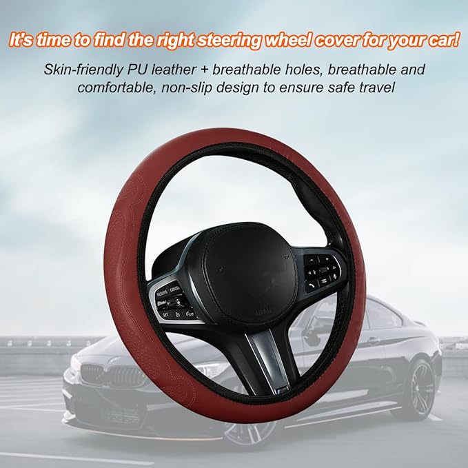Car Steering Wheel Cover, 15 Inch Leather Soft Elastic Stretch Anti Slip Auto Steering Wheel Wrap Guard, Breathable Vehicle Interior Accessories, Universal for SUV RV Truck (Wine Red)