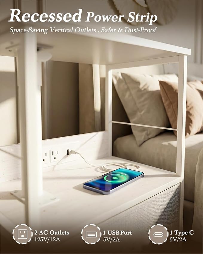Faesun Swivel Lift Top Nightstand with Charging Station, Rolling Side Table for Recliner, Bedside Table with Wheels & a Fabric Drawer, for Small Spaces, for Bedroom, Living Room, White Gray