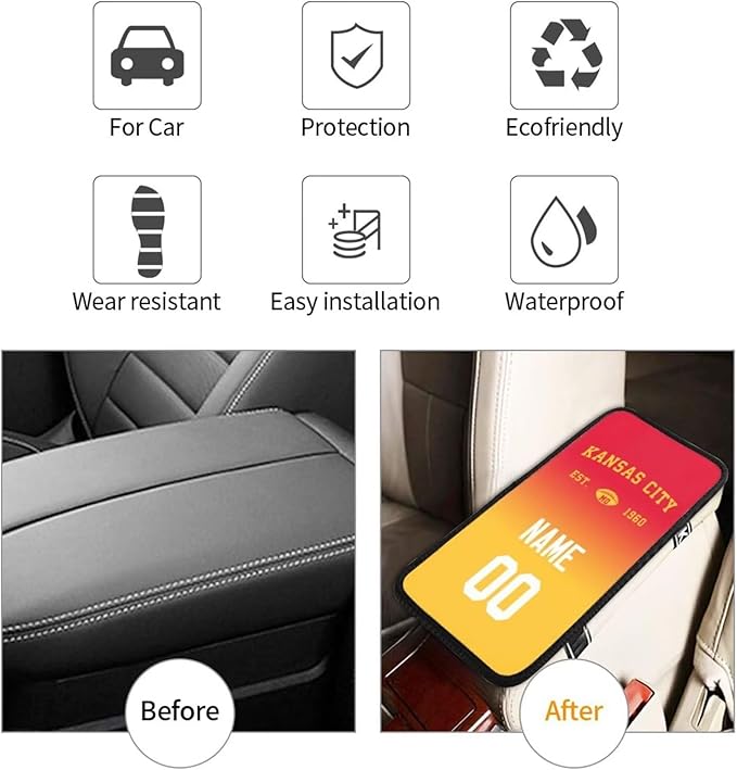 Custom Car Armrest Cover,Add Personalized Name and Number As Gifts for Loyal Football Fans,Auto Center Console Pad Car handrail Box Cushion,Fit for Most Car
